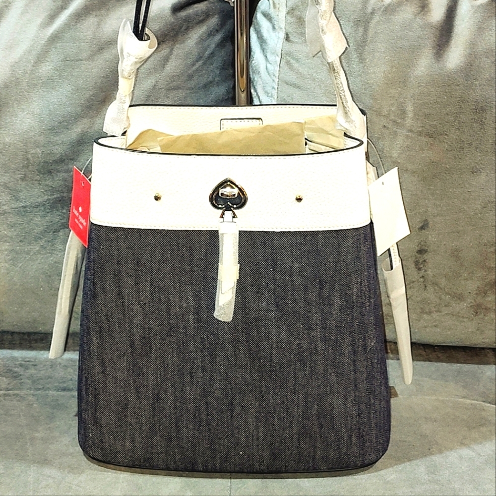 NWT KATE SPADE NEW YORK "MARTI" NAVY DENIM & WHITE LEATHER BUCKET SHOULDER BAG